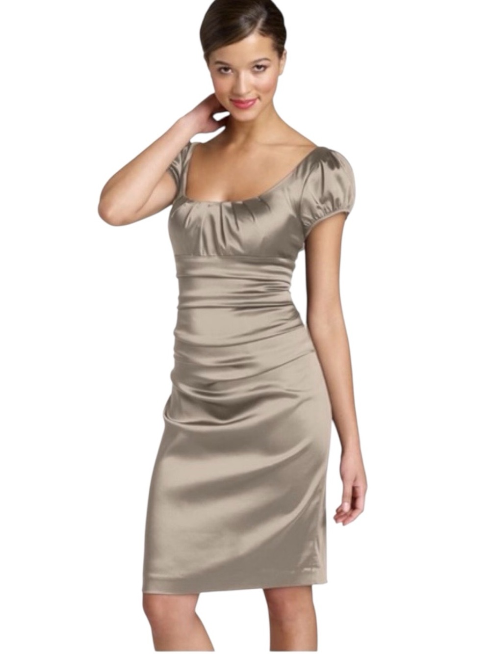 Suzy Chin for Maggy Gold Satin Ruched Sheath Dress Size 8